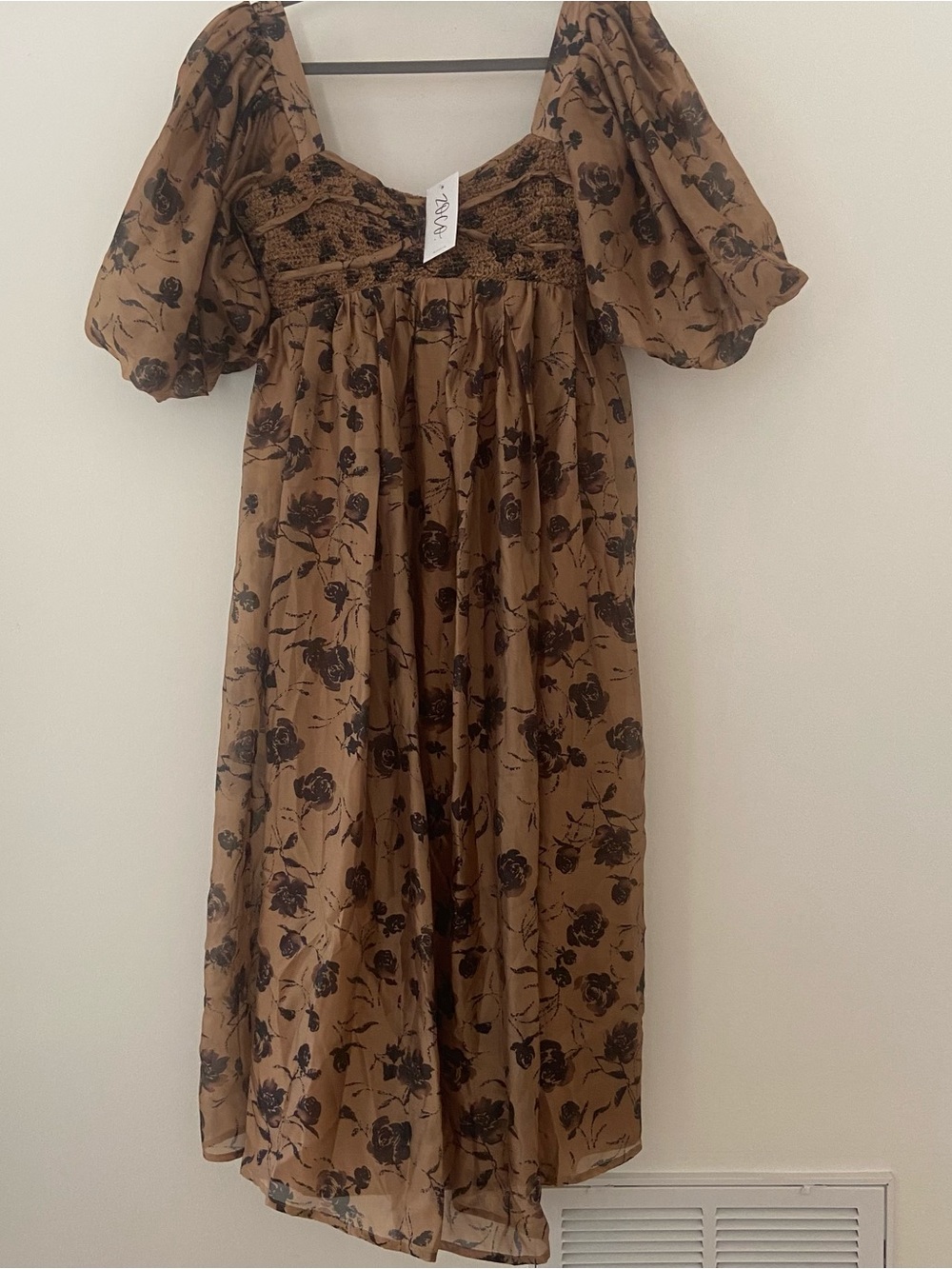 NWT Zoco Gala Smocked Chest Puff Sleeve Midi Dress L Gold Brown Floral Cottage